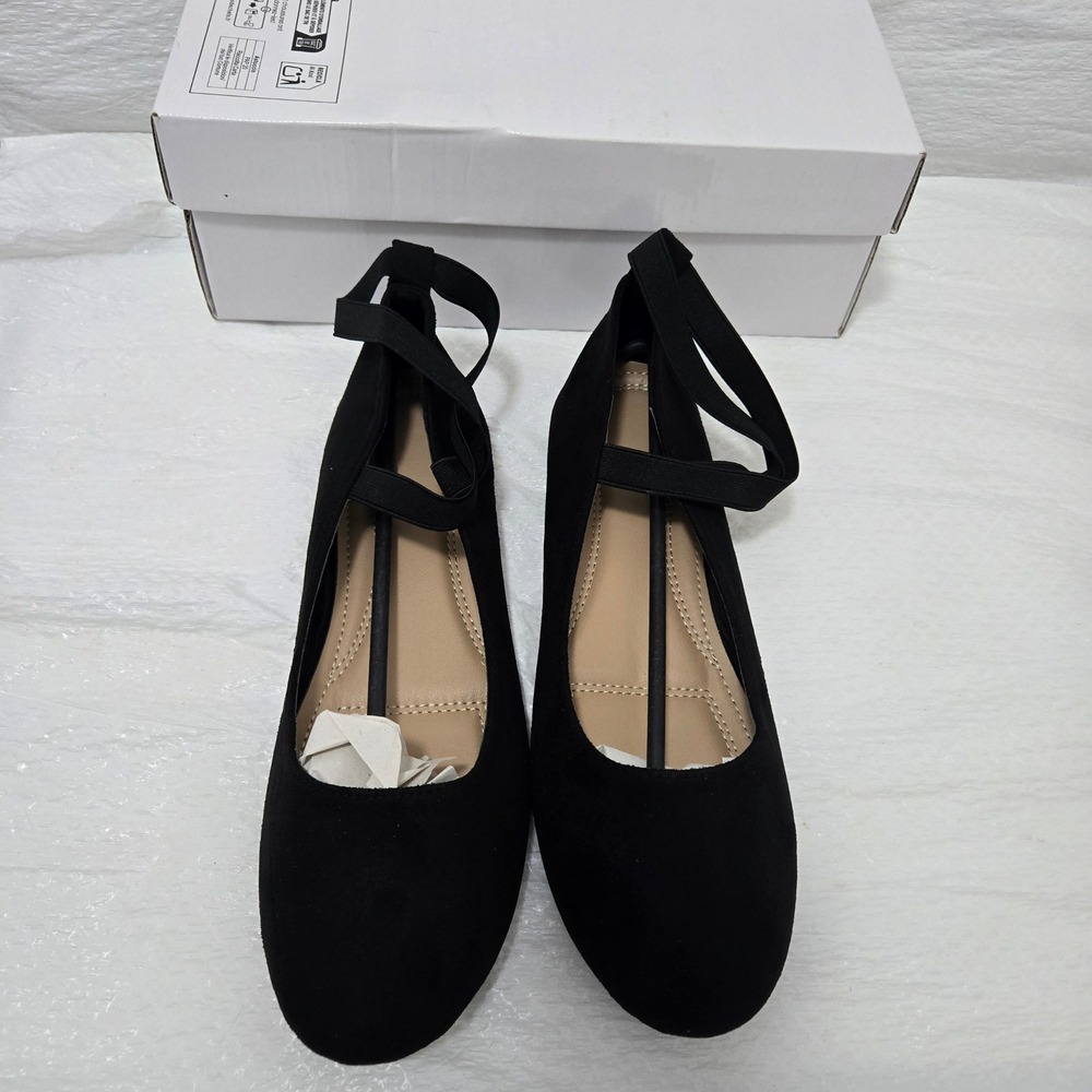 Black Faux Suede Ballet Flats Criss Cross Ankle Strap Round Toe Shoes Size 40